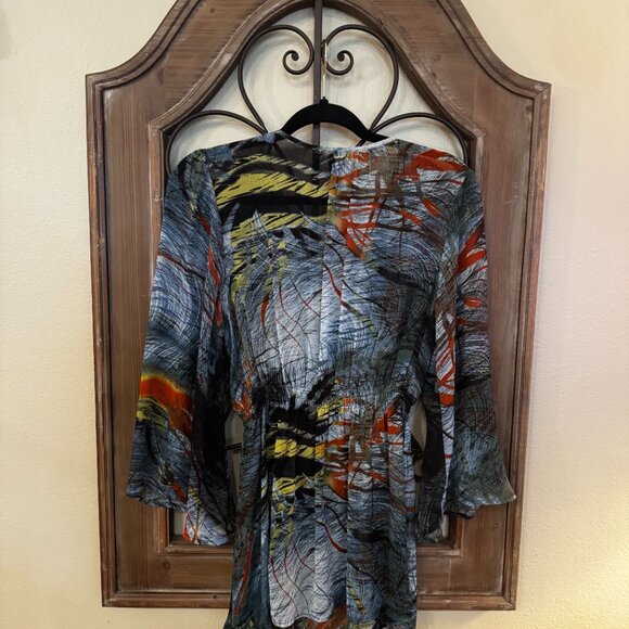 Mushka By Sienna Rose Inc. Ruched Waist blouse. Boho print with Beaded Neck - Picture 2 of 4
